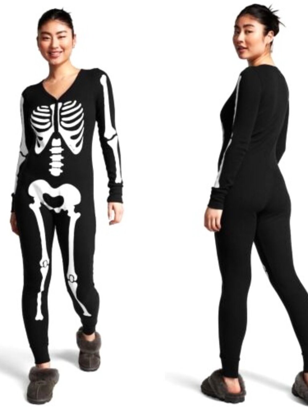 PINK Victoria Secret Thermal Sleep Onesie LARGE Black White Skeleton Pajama NEW